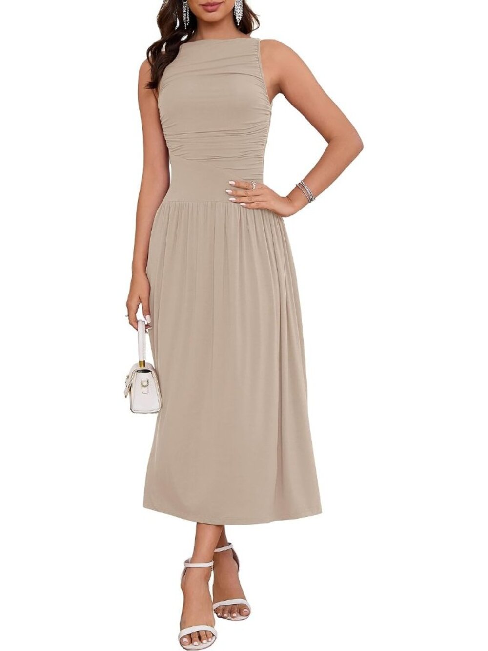 Women's Beige Summer High Neck Drop Waist Formal Wedding Guest Long Maxi Dresses